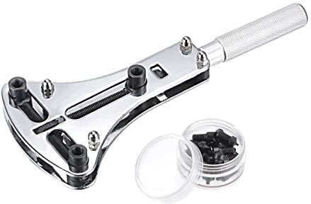 sourcing map Watch Cover Wrench Opener, 55mm Adjustable Case Remover Tool, Chrome Steel for Watch Repair with 18 Bits, Silver Tone