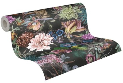 A.S. Création Tapete Blumenoptik Dunkel Schwarz Grün Vlies Blumentapete 381757 für Küchen 10,05x0,53m Made in Germany