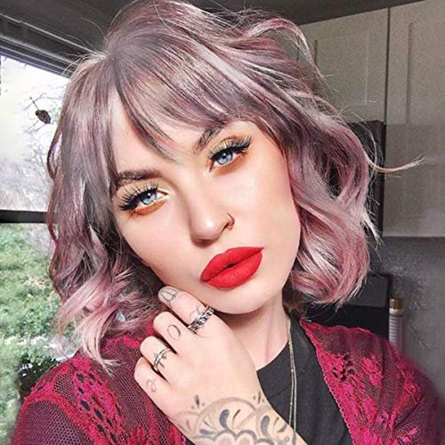 PARXITN Kurze Bob Perücke mit Pony Natürliches Ombré Rosa Perücke Synthetisches Haar Bunt Täglich Party Halloween Cosplay Gewellte Lockige Perücken für Frauen