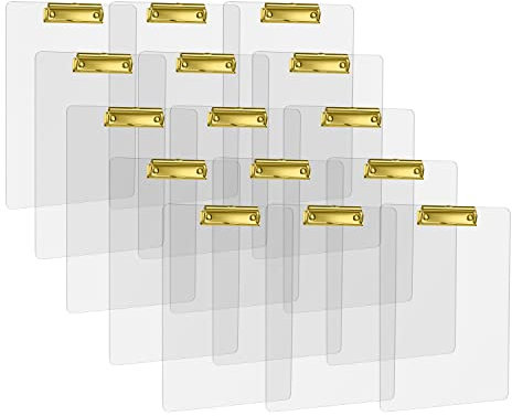 15 Pezzi Cartellina Portadocumenti A4 con Pinza, MSDADA Tavoletta Portablocco, Clipboard Trasparente, Utilizzata per Scuola, Eventi Domestici, Amanti Dell’arte, Ufficio e Seminari(Oro)