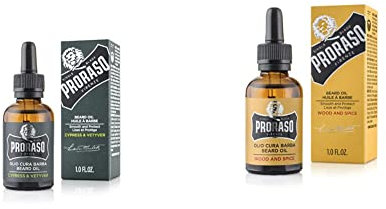 Proraso Beard Oil Cypress & Vetyver 30ml & Beard Oil, Wood & Spice, 30 ml, Bartöl mit Zedernholz & Zitrus-Duft, Bart Weichmacher pflegt Haut & Haar und schützt das Barthaar, Made in Italy