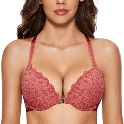 DOBREVA Women's Push Up Front Fastening Bras Racer Back Lace Padded Plunge Underwired Bra Crabapple 34B