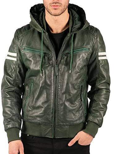 TruClothing Men's Bomber Jacket Outwear Windproof Winter Real Leather Jackets Coat Quilted Hood - Green M