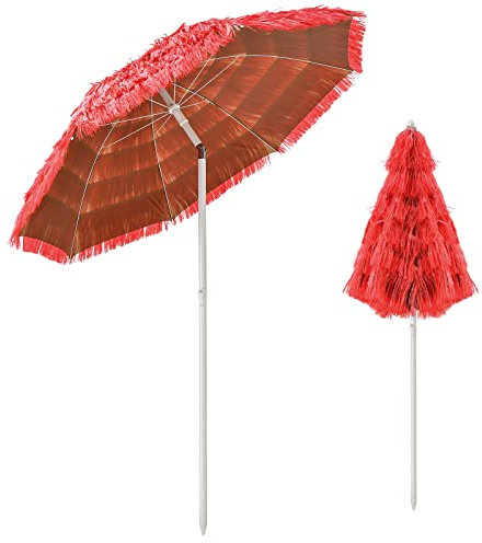 COSTWAY Parasol Hawaïen en Paille de PP Φ175 CM, Parasol de Plage Inclinable, Parasol Exotique de 206 CM de Hauteur, Parasol Tropicale à 8 Baleines, pour Balcon, Jardin Terrasse, Piscine(Rouge)