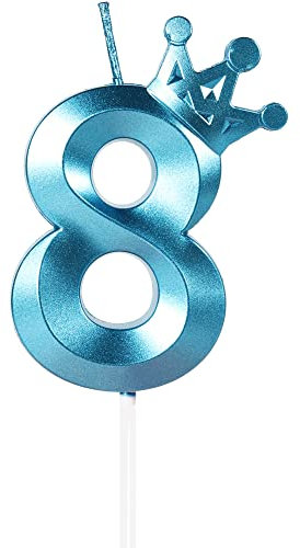 Yiran Geburtstagskerze Zahlen 8, 8cm Blau Mit Krone - Tortendeko, Kuchendeko, Geburtstagsdeko - Nummer 8