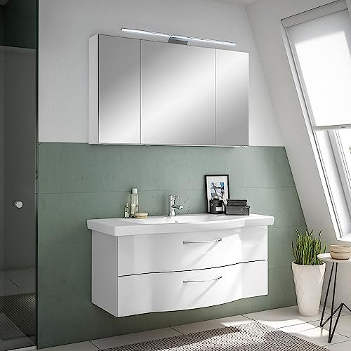 Lomadox Waschplatz Set, 122cm, mit Waschbecken und LED Beleuchtung, weiß Hochglanz, B/H/T ca. 122/200/51,5 cm