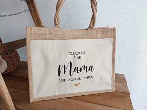 Jutetasche - Glück ist ... | Einkaufstasche mit Wunschname vers. Taschengrößen Jutetasche Baumwolltasche Einkaufstasche Muttertag Geschenk (Jutetasche - Klein mit Vordertasche (26x22x14cm))