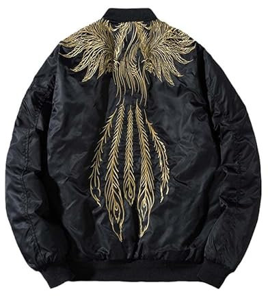 Aoleaky Veste bomber Phoenix brodée, coupe-vent Sukajan, style baseball japonais, rembourrée, printemps/hiver, Printemps fin doré, XL