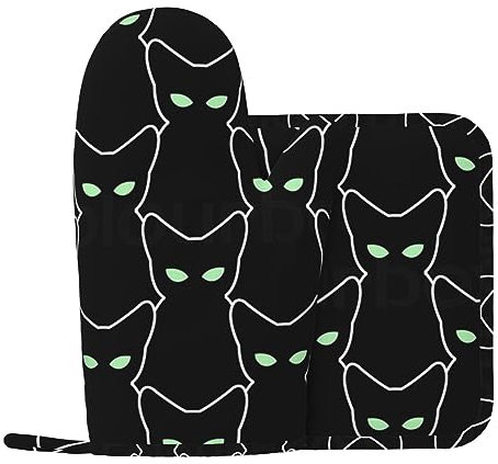 Ofenhandschuhe und Topflappen, Set mit schwarzen Katzenmuster, Kochhandschuhe, Ofenhandschuhe, rutschfest, Mikrowellenhandschuhe, Topflappen, hitzebeständige Pads für Küche, Kochen, Backen, Grillen, 2