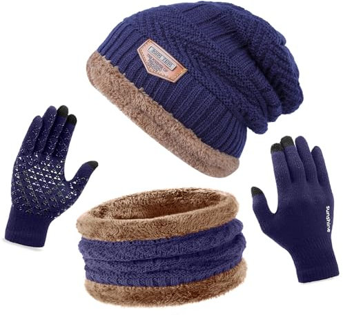 ANCEER Strickmütze Schal Handschuhe Set 3in1 | Weiches Dickes Wintermütze Set für Herren & Damen | Thermo Fleece Gefüttert, Extrem Warm und Unisex für Outdoor (Dunkelblau)