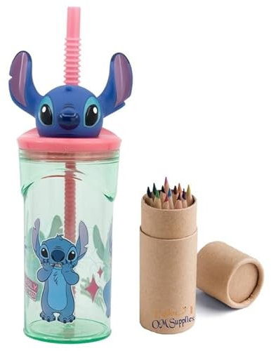 OM SUPPLIES Stitch 3D Figurine Cartoon Characters Reusable Tumbler Childrens Drinking Cup Straw 23 x 7.5 x 7.5cm (Stitch)