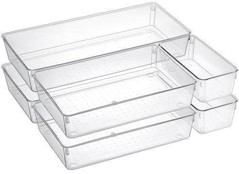 DIMJ Clear Drawer Organiser, Large PET Plastic Storage Trays Desk Vanity Containers, 3-Size Washable Utensils Bins for Makeup, Jewelries, Bathroom, Kitchen, Office (6 Pack)