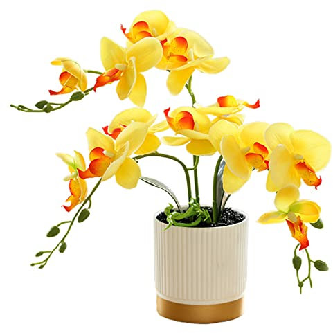 GeRRiT Orchidea artificiale con vaso di plastica, orchidea bonsai, orchidee finte Phalaenopsis, composizioni per vasi per la decorazione della casa (giallo)