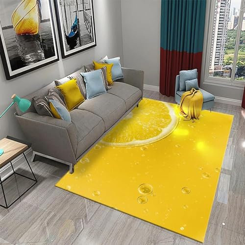HATEGE Tappeto Salotto 140 x 200 cm Limone Tappeti Camera da Letto 3D Giallo Tappeto Antiscivolo Lavabile, Tappeti per Esterno Soggiorno Cucina WS2226