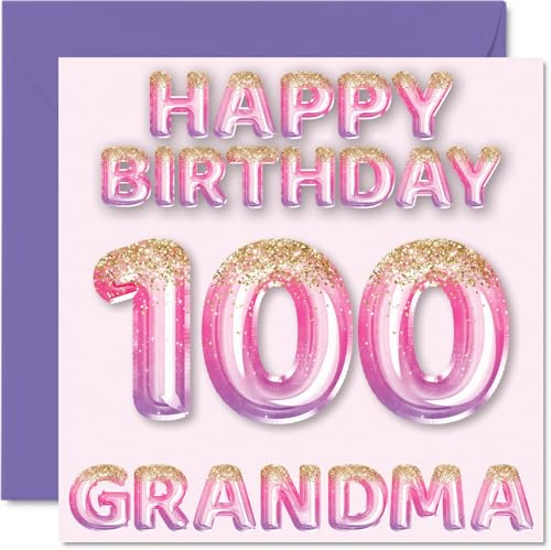 100th Birthday Card for Grandma, Pink & Purple Glitter Balloons | Happy Birthday Cards for 100 Year Old Grandma from Grandson Granddaughter, 145mm Bday Greeting Cards Gift