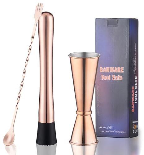 Gbuxska Rosegold Muddler for Cocktails, Matching Jigger and Bar Spoon with Bar Muddler - 3 Pcs Cocktail Muddler Set