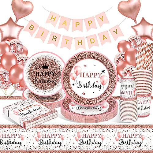 yosiio Rose Gold Party Tableware Set, Rosegold Happy Birthday Balloons, Happy Birthday Decoration Party Accessories Set - Paper Plates Napkins Cups Table Cloth for Birthday Party Supplies(16 Guests)