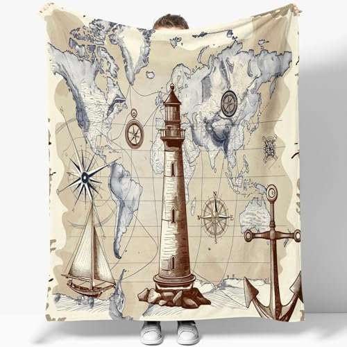 Gelb Bedruckte Sherpa Decke 100 x 130 cm für Kinder und Erwachsene, Weiche Vintage-Kompass und Anker Flanell Decke, Warme Hypoallergen Kuscheldecke für Sofa, Sessel und Wohnzimmer