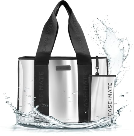 Case-Mate Große Tragetasche, silberfarbene Chrom-Umhängetasche mit Handytasche, kippsicher, transparent, wasserdicht, Reisetasche für Damen, faltbare und waschbare Handtasche für Arbeit, Reisen