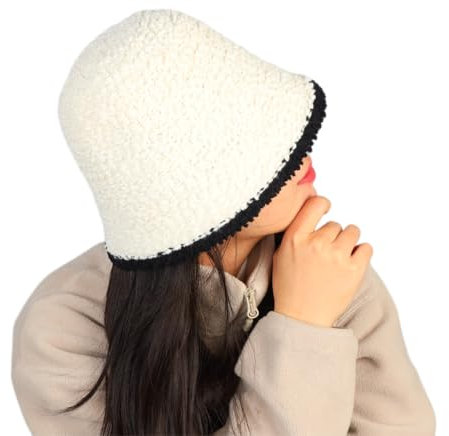 JAZTAKU Damen Winter Kunstpelz Fischerhut Schwarz Kariert Bucket Hat Warme Ledermütze, B1: weißes Fell, M-L