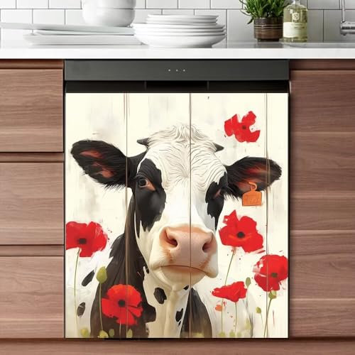Red Flower and Cow Wood Board Painting Dishwasher Magnet Cover Magnetic Sticker Decorative Refrigerator Magnet Wraps Vinyl Wash Machine Magnet Cover 23W x 26H inchs