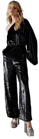 WAREHOUSE Metallic Texture One Shoulder Flared Sleeve Jumpsuit, 8, Black