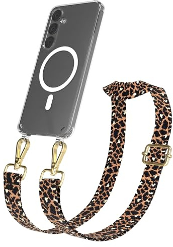 EAZY CASE Handykette - Verstellbares Taschenband kompatibel mit Galaxy S24 Plus, Schulterriemen, Handykordel mit Silikon Hülle, Qi Charging kompatibel, Umhängetasche, Leo - Schwarz Braun Metall Gold