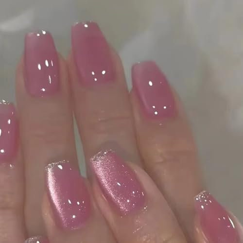 24Pcs French Square False Nails, Pink Cat Eye Press on Nails, Glossy Glitter Fake Nails, Acrylic Full Cover Stick on Nail, Natural Reusable Glue on Nail for Women and Girls Nail Art, 12 Sizes