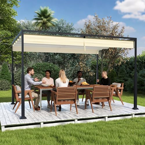UISEBRT Gazebo in pergola, 3 x 4 m, con robusto telaio in acciaio e tetto apribile di alta qualità in poliestere rivestito in PA, tetto autoportante, ideale per esterni (beige)