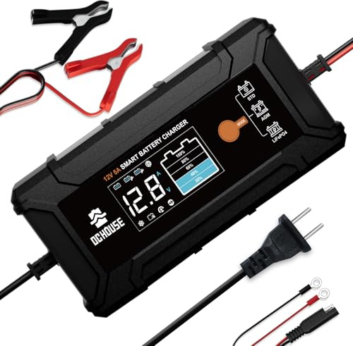 DCHOUSE 12V 5A Autobatterie Ladegerät mit LCD-Display für Blei Säure AGM,LiFePO4 Lithium Batterien,LKW Motorrad Rasenmäher Boot Marine Batterien