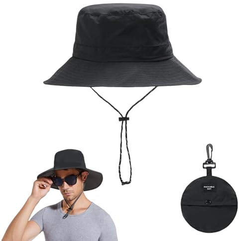 Fischerhut,Sonnenhut Herren Damen,Schwarz Regenhut Herren Wasserdicht,Fischerhut Faltbar Bucket Anglerhut Sommer,Einfachheit Wanderhut für Festival Kopfbedeckung,New Boonie Arbeitshut mit Surf Strand