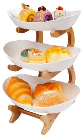 ROGONPDK 3 Etagen Obst Etagere | 3 Stöckig Obstschale Keramik Porzellan Obstteller | Oval Natürlichem Bambusholz Ständer Obstkorb | Frucht Snack Tortenständer Snack Dessert Tablett (Weiß)