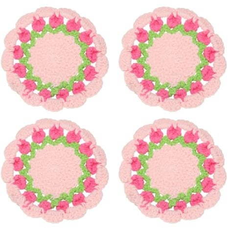 uxcell Floral Crochet Coasters, Flower Knitted Cup Mats Crochet Plant Pot Coaster for Wedding Birthday Party Home Office Decor Pink