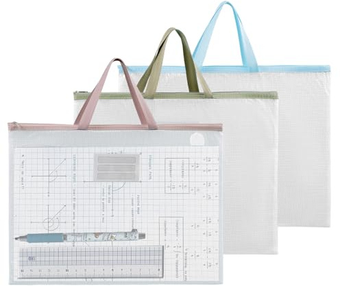 VEGCOO 3 Pack A2 Mesh Art Portfolio Bag, Waterproof Portfolio Folder for Artworks, Transparent Portfolio Case, Zipper and Handle Art Carrying Storage Bag for Posters Drawings (A2)