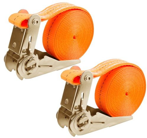 Lot de 2 sangles d'arrimage à cliquet de 10 m x 25 mm - Orange - Avec sangle à cliquet réglable - 1000 kg - Pour charge fixe (10 m)