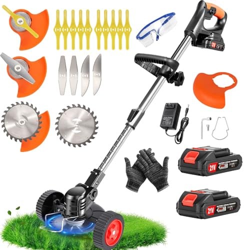 Debroussailleuse Electrique sans Fil 21V, Coupe Bordure sans Fil avec Batterie et Chargeur Rapide & 4 Types Lames, Débroussailleuse à Batterie avec Roue, légères et à Faible Bruit pour Jardin Élagage