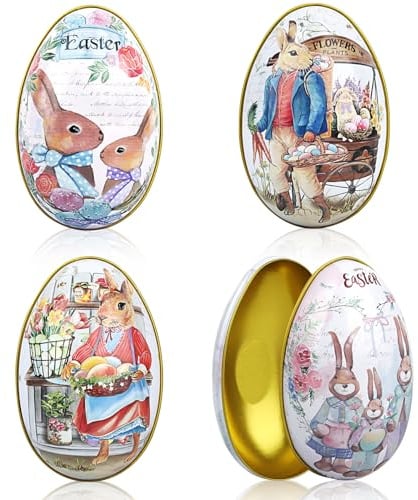 4X Osterei zum Befüllen 11x6.5x7cm Ostereier Keksdose Metall, Bunte Fülleier für Ostern, Osterei Dosen mit Hasenmotiv, Wiederverwendbare Oster Eier Boxen für Süßigkeiten, Geschenke & Osterdekoration