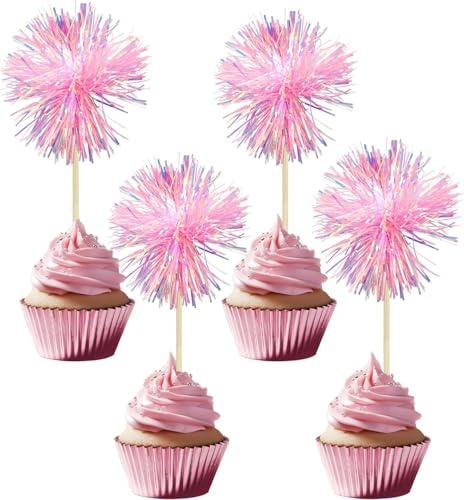 Nymora 30Pcs Foil Firework Cupcake Toppers Sparkle Tinsel Cake Toppers Tinsel Drink Cake Decoration Cocktail Picks for Birthday Wedding Graduation Party Supplies Dark Pink