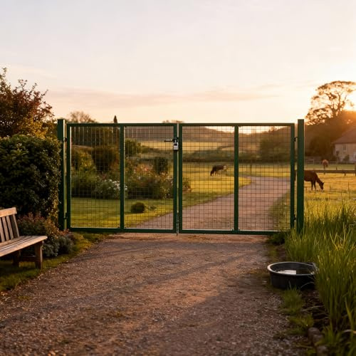 Porte d'entrée latérale en acier thermolaqué, abri de jardin métallique avec système de verrouillage, portail double grillage 300 x 125 cm pour jardin, cour et terrasse, couleur : vert