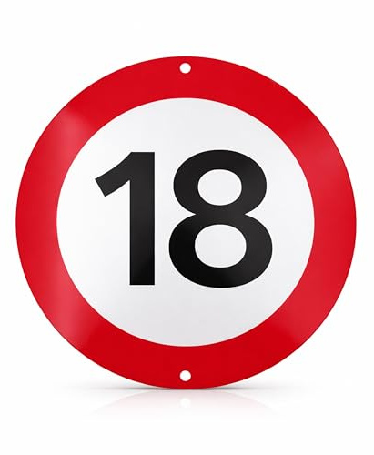 FloraVigo Panneau de limitation de vitesse 18 km/h, panneau rond en aluminium 1 mm, décoration d’anniversaire 18 ans, panneau de signalisation décoratif pour fête, mur, porte et accessoires photo