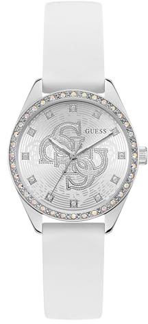 Guess AVA Damen Armbanduhr, Quarz Analog, Edelstahl, 34mm, Silikonarmband, Weiß, 5 bar, Zifferblattfarbe: Silber, GW1042L1