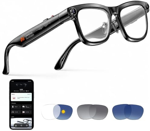 GenXenon AI Smart Glasses mit Kamera, 8MP HD Kamera für Foto, 1200P-Video | 300 mAh, Flexible Bügel, Offene Lautsprecher, WLAN-Übertragung, Kamera Brille für Reisen/Camping/Bergsteigen（3 Paar Linsen）