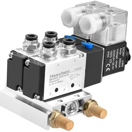 Heschen Electrical Pneumatic Twin Solenoid Valve 4V210-08 DC 24V PT1/4 5 Way 2 Position Manifold Base Muffler Quick Fittings Set