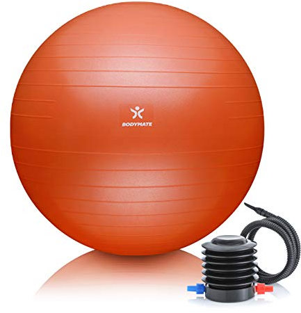 BODYMATE Gymnastikball Sitzball Trainingsball mit GRATIS E-Book inkl. Luft-Pumpe, Ball für Fitness, Yoga, Gymnastik, Core Training, für starken Rücken als Büro-Stuhl ORANGE 75cm