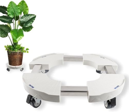 DEWEL Pflanzenroller Außenbereich mit Feststeller Ø 38 x 45 cm, Rollbrett Pflanzen Rund mit 4 Wasserwaage,Tragkraft 200 kg,Weiss