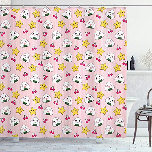 ABAKUHAUS Anime Duschvorhang, Japan lustige Nahrungsmittel Muster, Stoffliches Gewebe Badezimmerdekorationsset mit Haken, 175 x 200 cm, Rosa Gelb