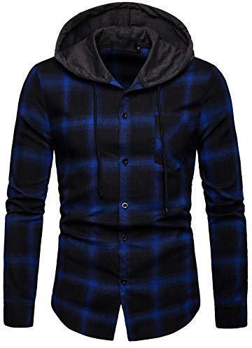 Iris Sprite Sweat à Capuche Homme Chemise Carreaux avec Poche Poitrine Épissage Manches Longues (Bleu - A112, XXL)