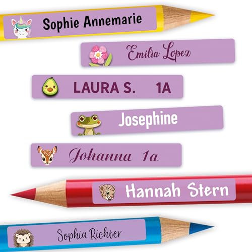 Sunnywall® Namensaufkleber Kinder – Stifteaufkleber personalisiert für Schule & Kita, ideal für Stifte & Schulsachen, wasserfest & spülmaschinenfest, extra starker Halt (Lavendel)