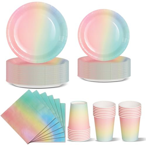 Nkaiso Anniversaire Vaisselle de fete 96 Pièces Arc-en-ciel Party Assiettes en Papier Set Assiettes de Fête Jetables Papier Tasses Serviettesr, pour Barbecue les Fêtes les Pique-niques -24 Invités