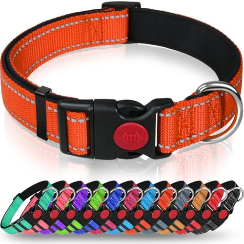 Taglory Hundehalsband, Weich Gepolstertes Neopren Nylon Hunde Halsband für Große Hunde, Verstellbare und Reflektierend für das Training, Orange